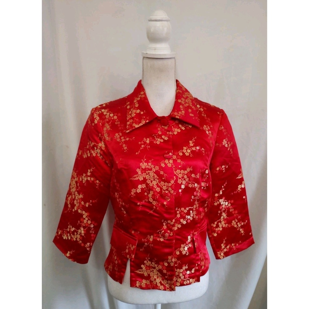 Fredericks Of Hollywood Jacket Blazer Asian Chinoiserie Print Red 3/4 Sleeve 6